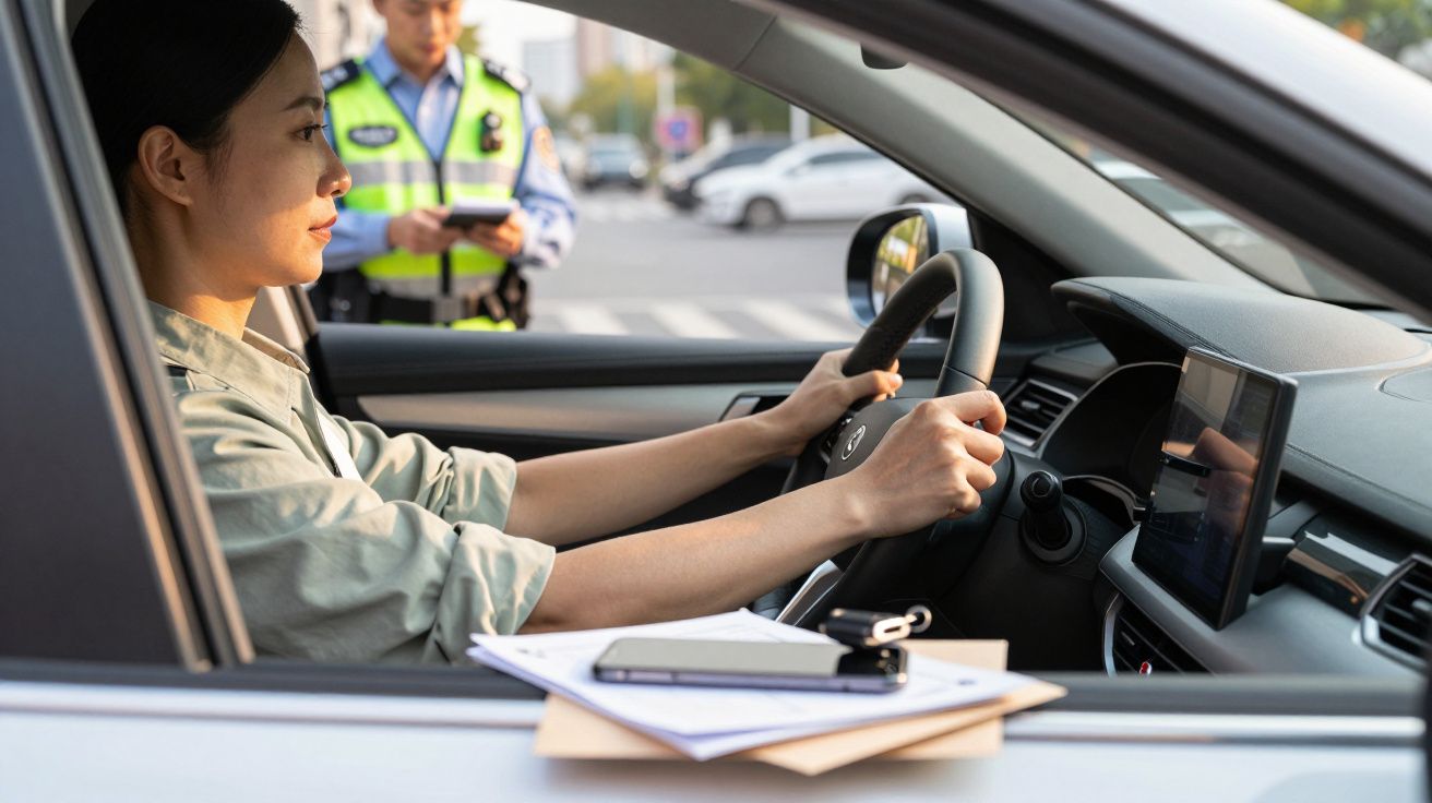Mulher a conduzir, olhando em frente, com um agente da polícia de trânsito ao fundo.