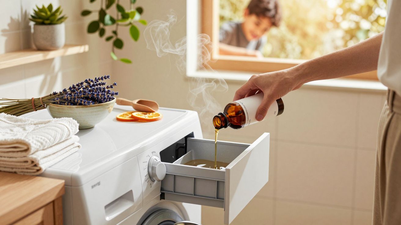 Pessoa despeja líquido de aroma em máquina de lavar, com lavanda e toalhas ao lado. Criança ao fundo na janela.