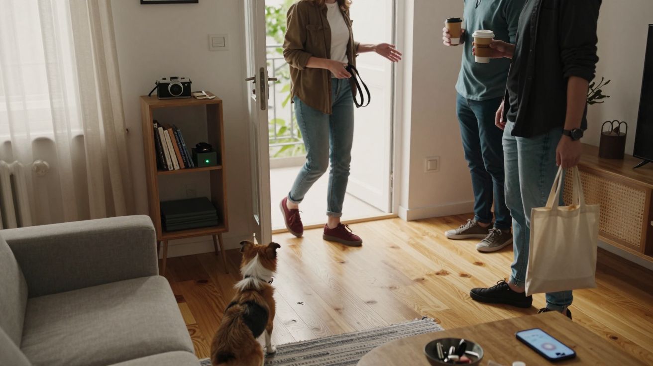 Pessoa a entrar na sala com um cão no chão, duas pessoas à porta com cafés e um telemóvel na mesa.