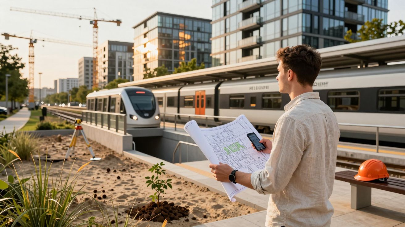Homem com planta na mão observa comboio em estação moderna, com prédios altos e guindastes ao fundo.