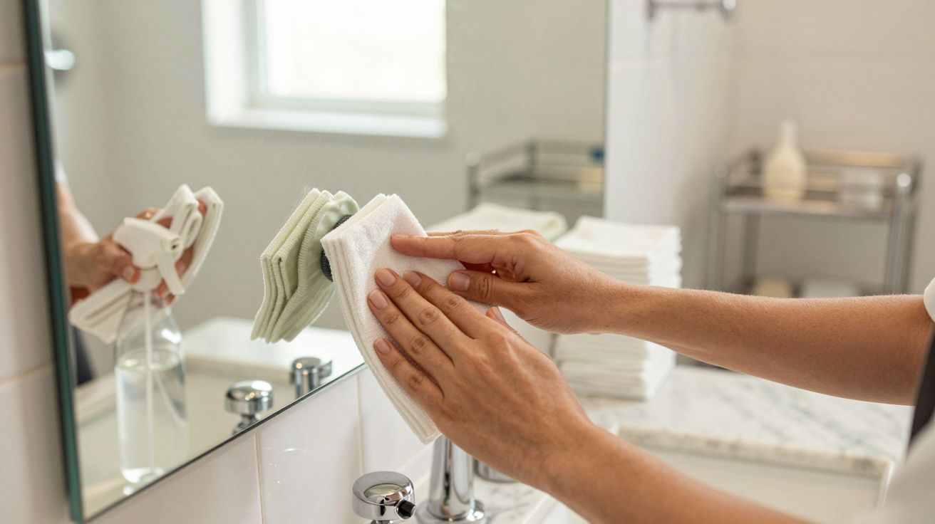 Pessoa a limpar um espelho com um pano branco e spray de limpeza numa casa de banho.
