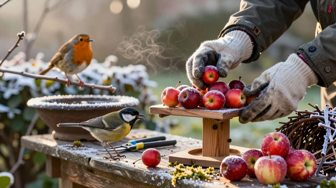 Mesa de madeira com maçãs e pássaros; mãos com luvas organizam as frutas em dia frio de inverno.