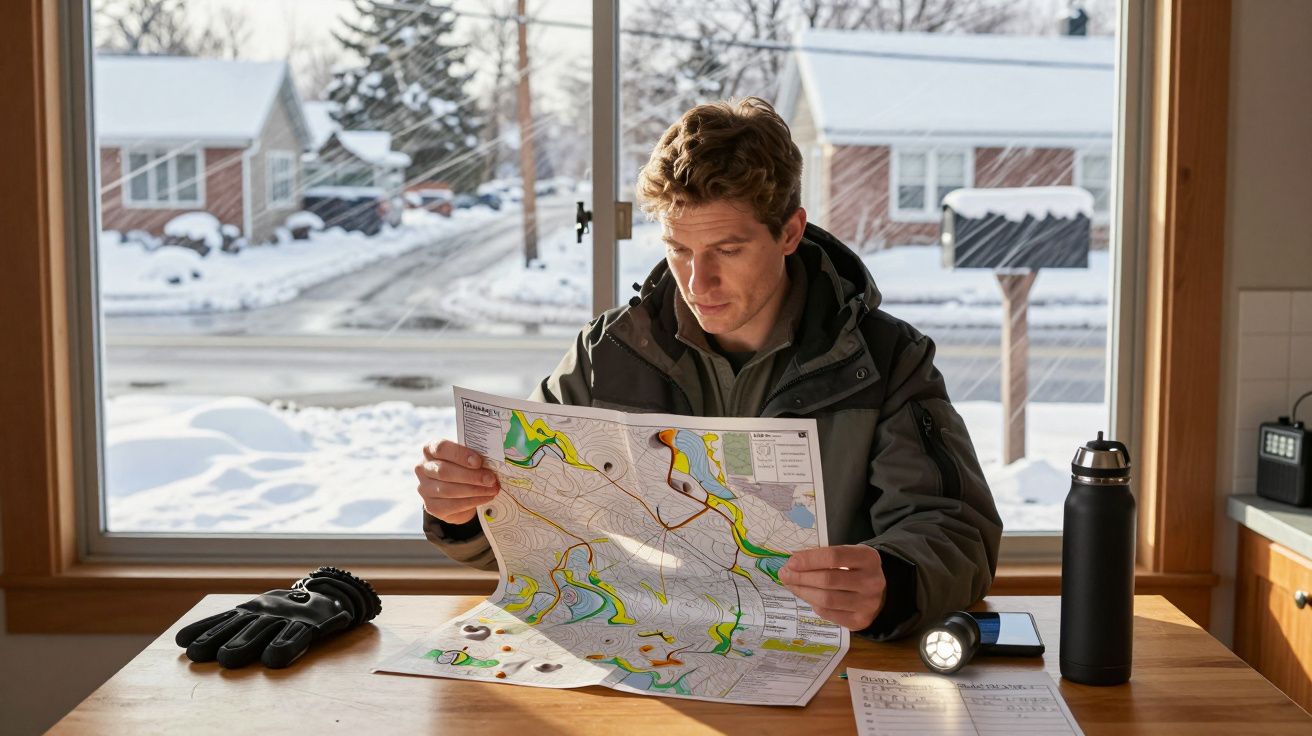 Homem sentado à mesa olhando para um mapa, numa casa nevada, com luvas e lanterna na mesa ao lado.