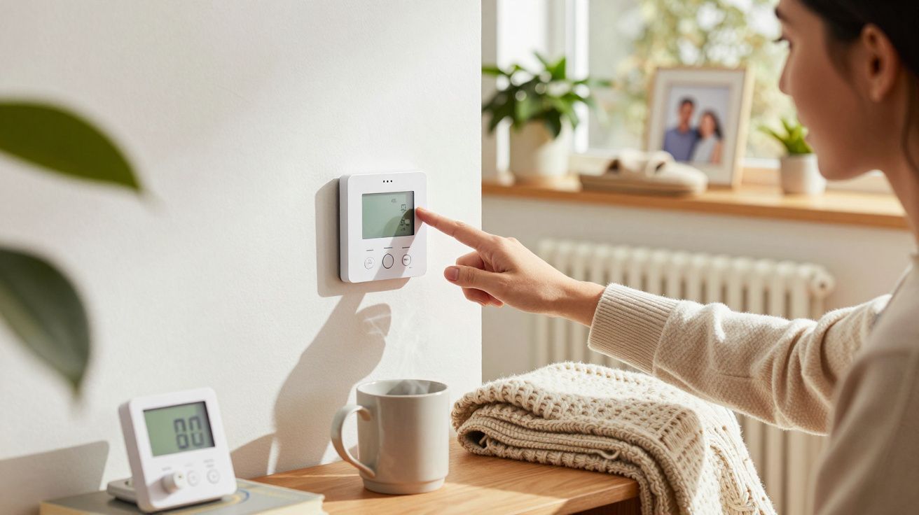 Mulher ajusta termóstato na parede de uma sala aconchegante com plantas, caneca e cobertor.