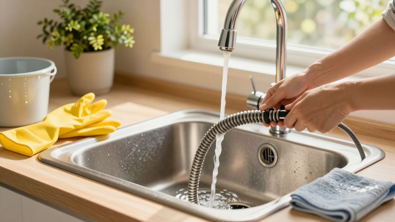 Pessoa a usar um pulverizador de água numa pia de cozinha inox, com luvas de borracha e planta ao fundo.