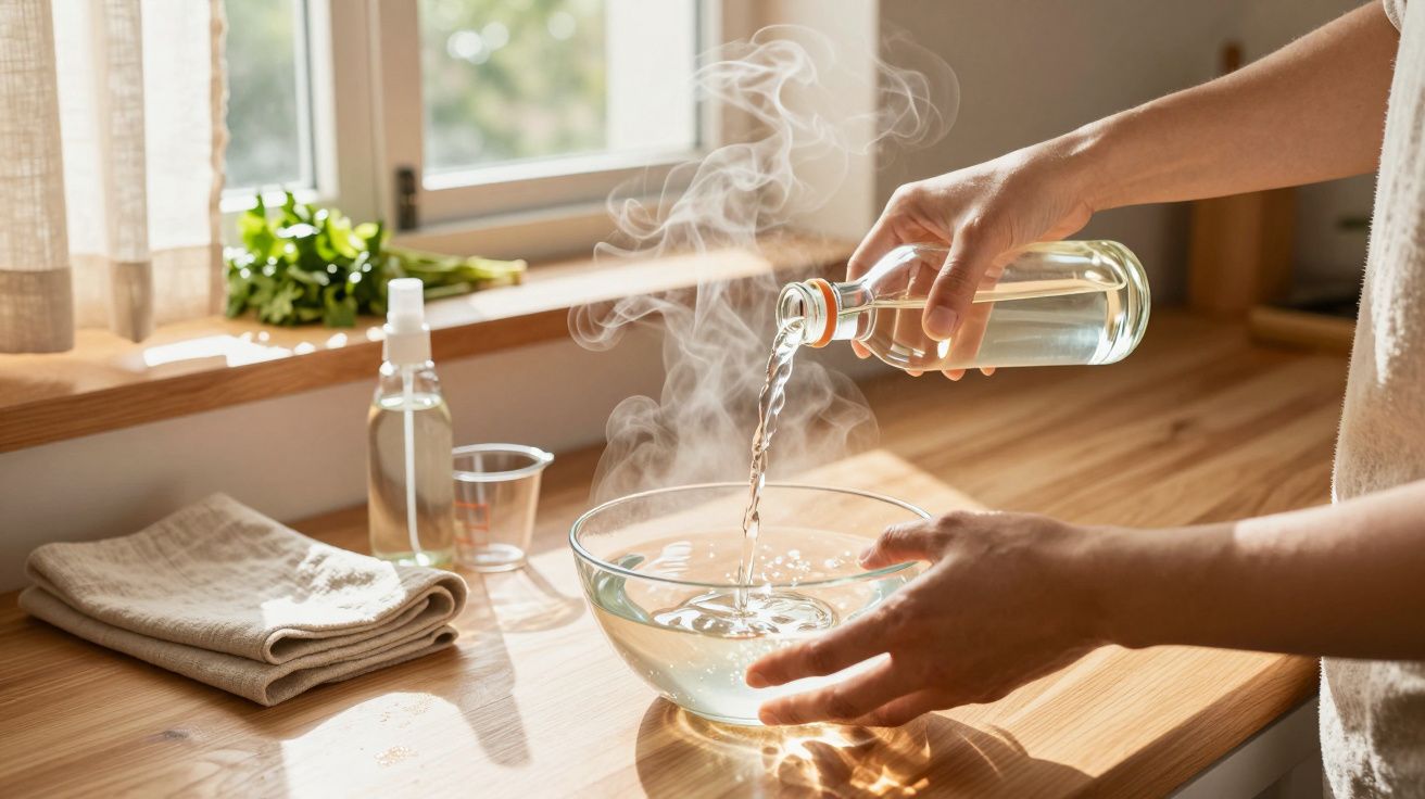 Pessoa despeja água quente numa tigela de vidro numa cozinha iluminada pelo sol.