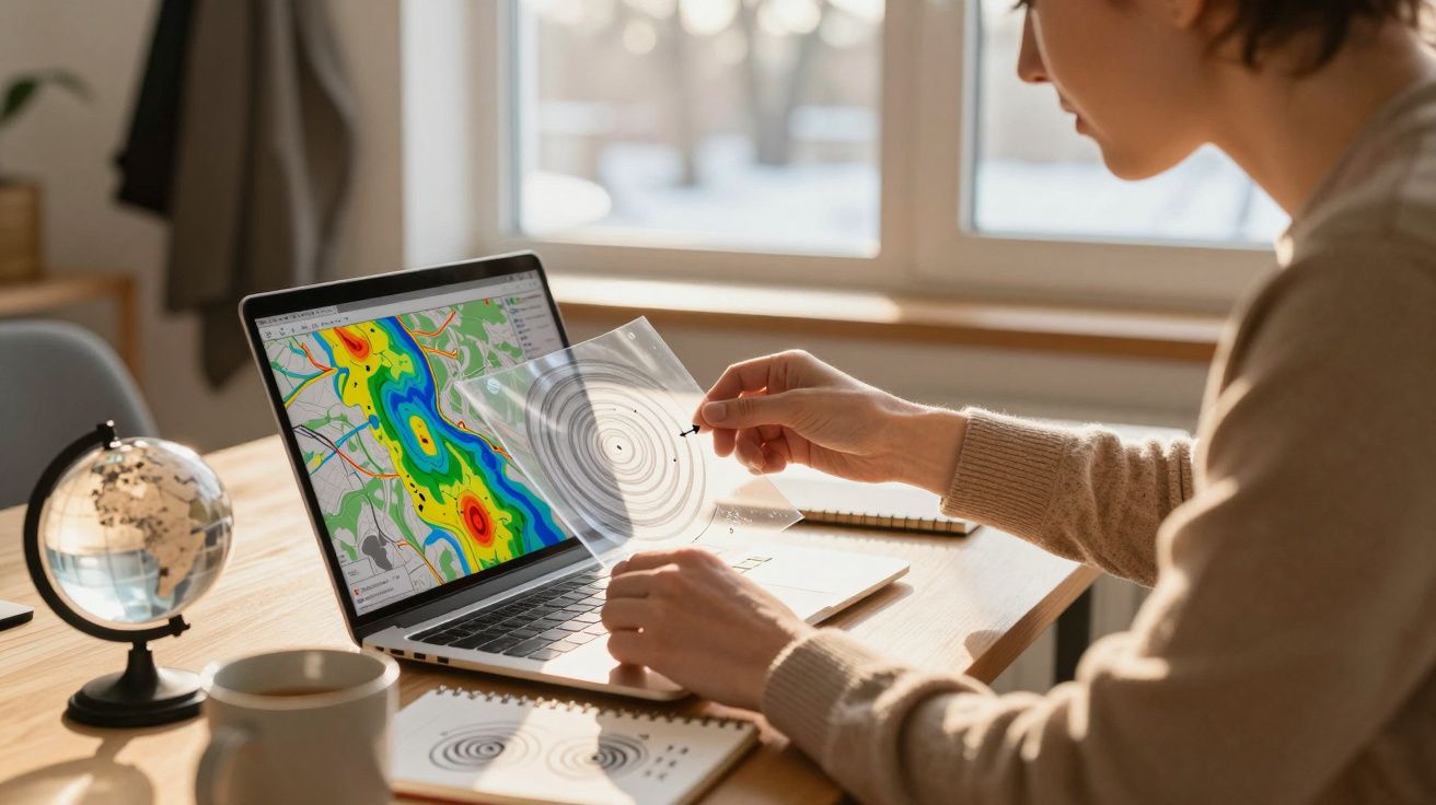 Pessoa analisa dados meteorológicos num portátil, usando um papel com círculos concêntricos. Mapamundi e chávena ao lado.