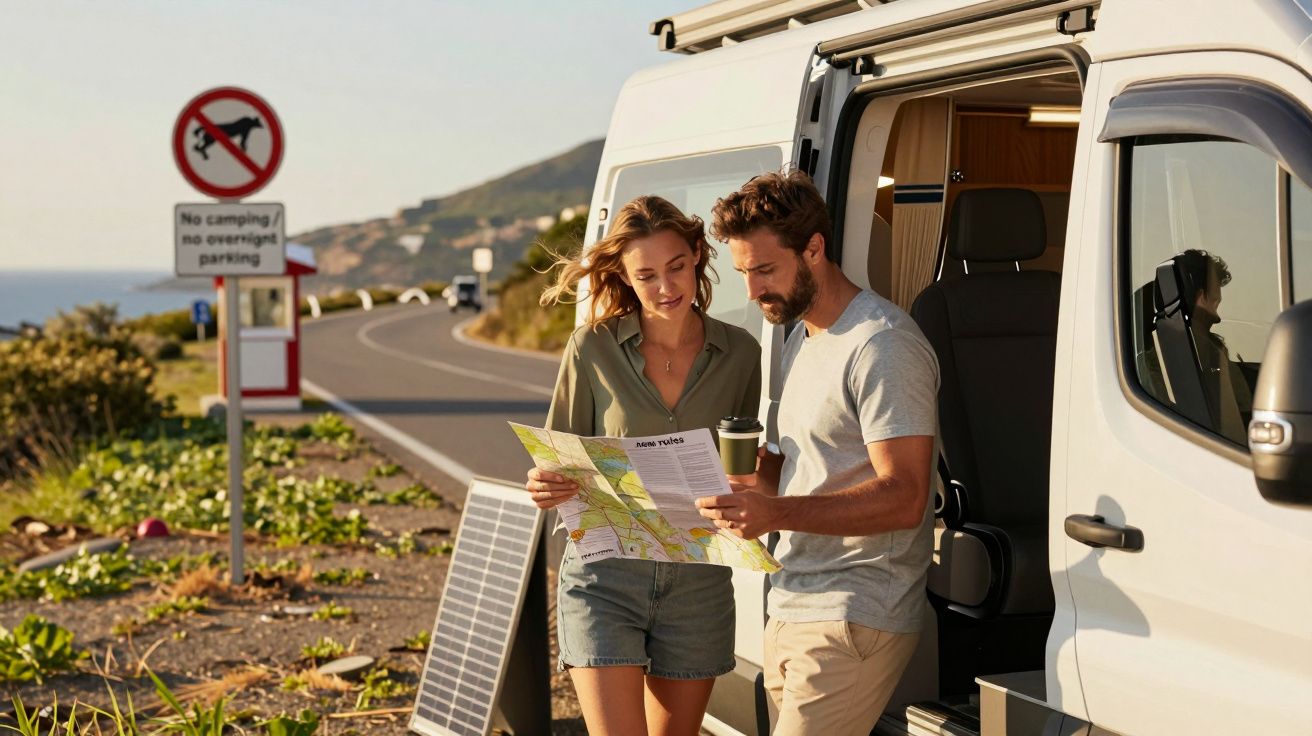 Casal consulta mapa ao lado de uma autocaravana estacionada numa estrada costeira, com painel solar visível.
