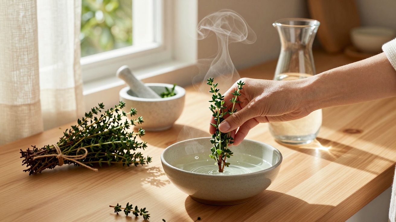 Mão mergulha ramos de tomilho em água quente numa tigela, com vapor visível, sobre bancada de madeira.