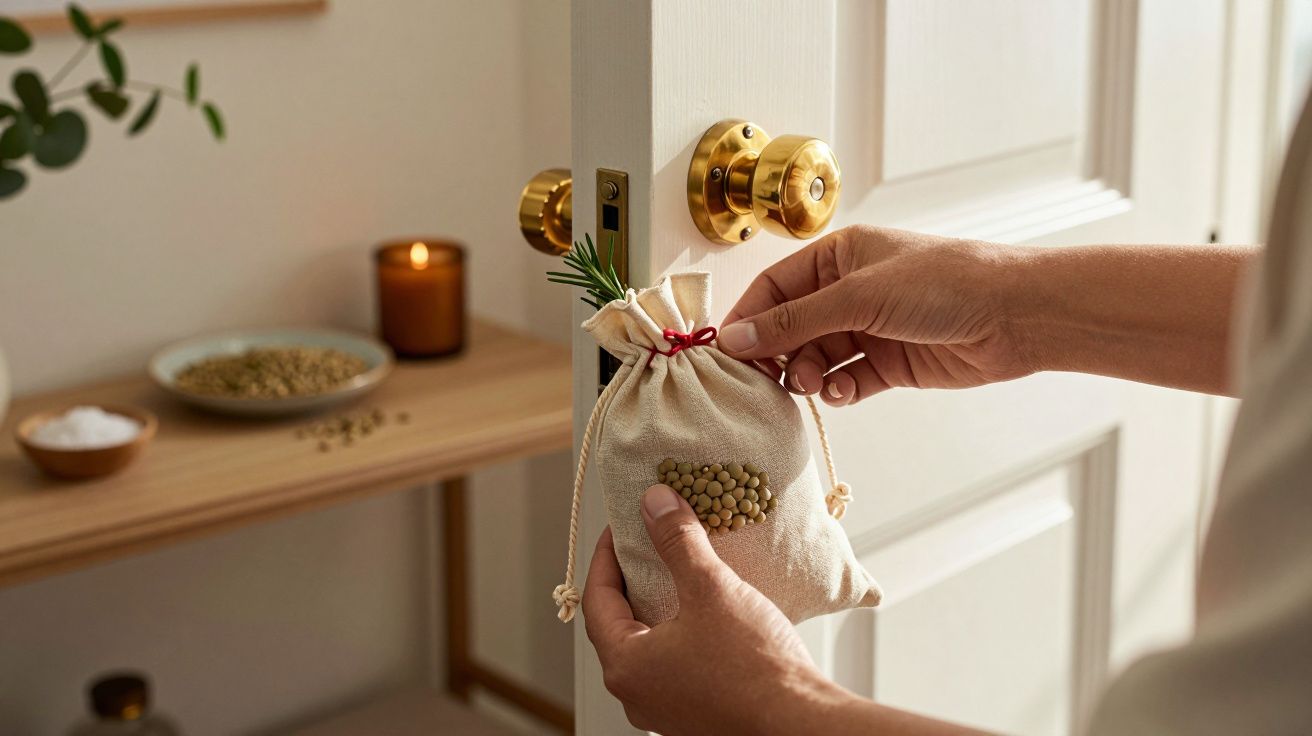 Pessoa a segurar um saco decorativo de pano na porta, com uma mesa ao fundo contendo uma vela e uma tigela.