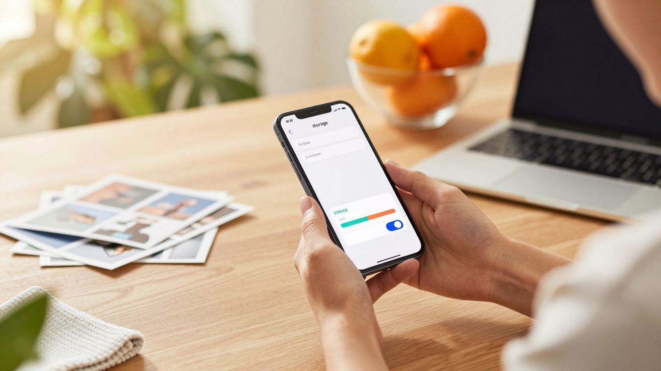 Pessoa a usar smartphone numa mesa de madeira com laptop, fotos e uma taça de frutas ao fundo.