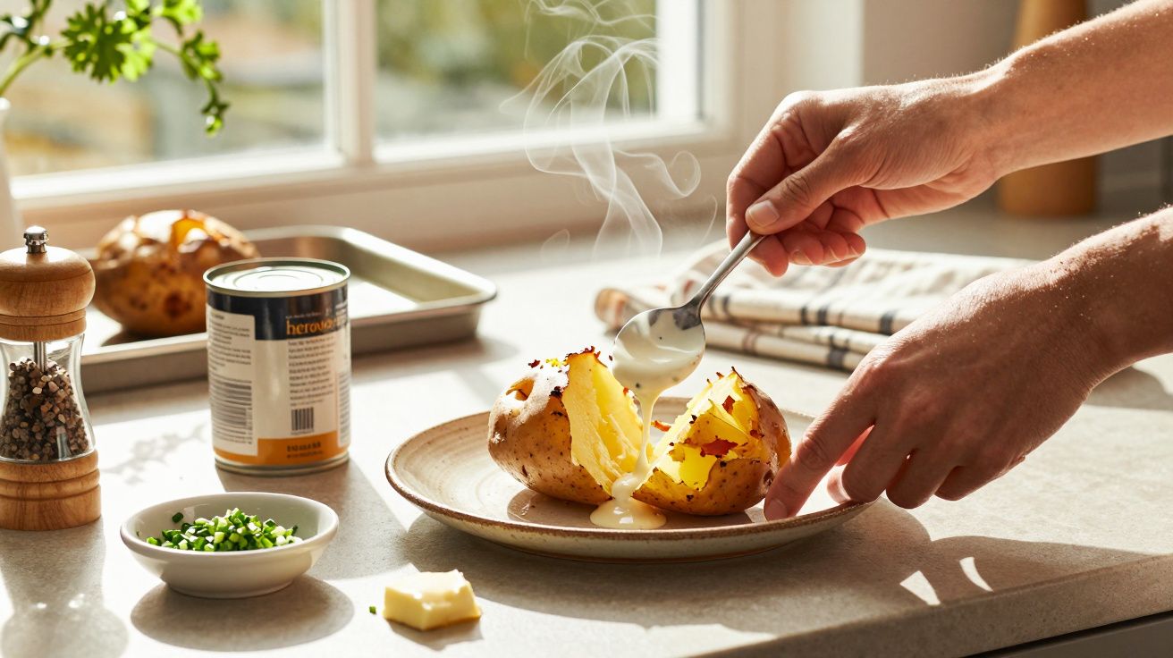 Mãos preparando batata assada com manteiga, num prato na bancada. Ingredientes ao redor. Luz solar através da janela.