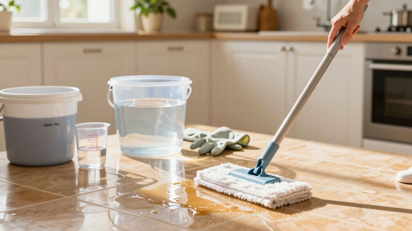 Pessoa a limpar piso de cozinha com esfregona e balde. Água derramada, luvas de borracha e luz solar a entrar pela janela.