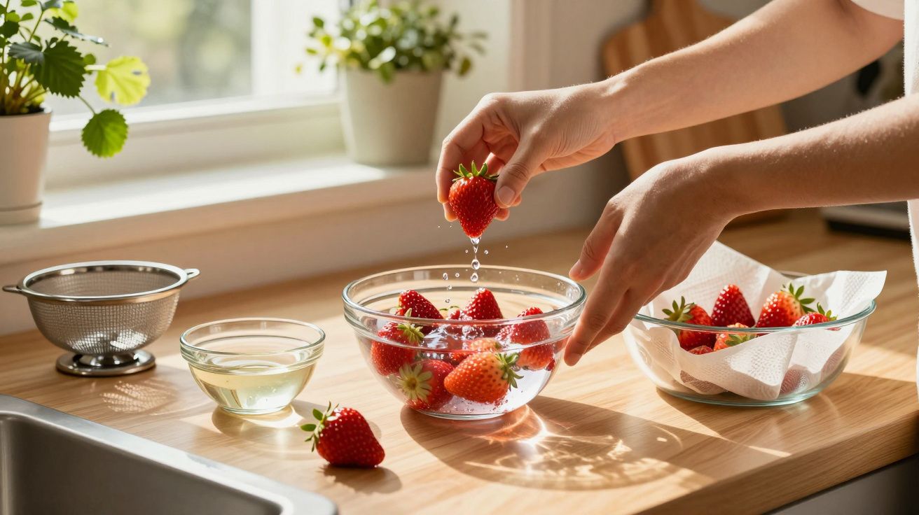 Mãos lavam morangos numa taça com água numa cozinha iluminada pelo sol, com mais morangos numa taça ao lado.