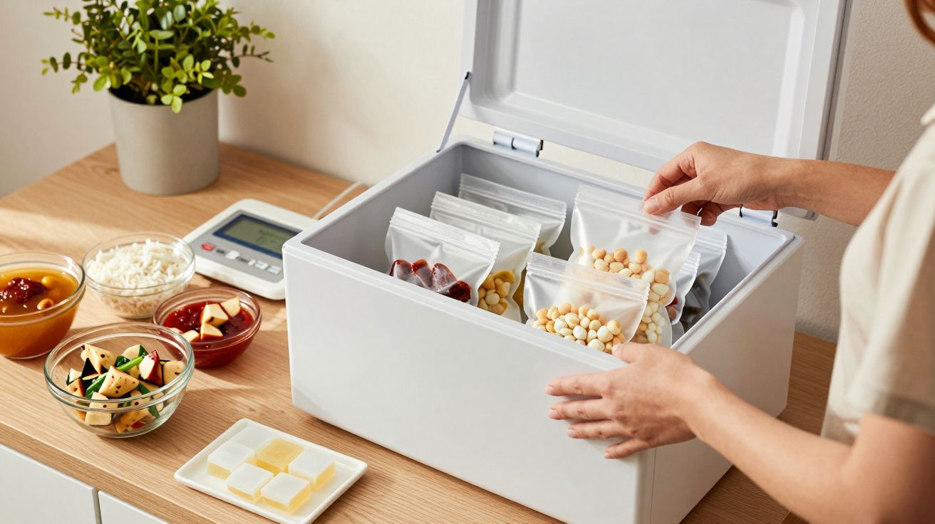 Mãos a organizar sacos de alimentos numa caixa de armazenamento em bancada com ingredientes e balança ao lado.