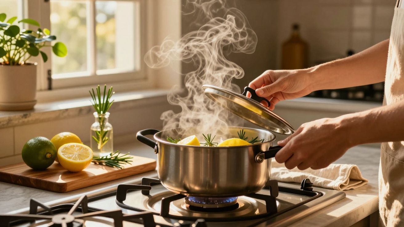 Pessoa a cozinhar rodelas de limão e alecrim numa panela ao lume, com vapor a subir, numa cozinha iluminada pelo sol.