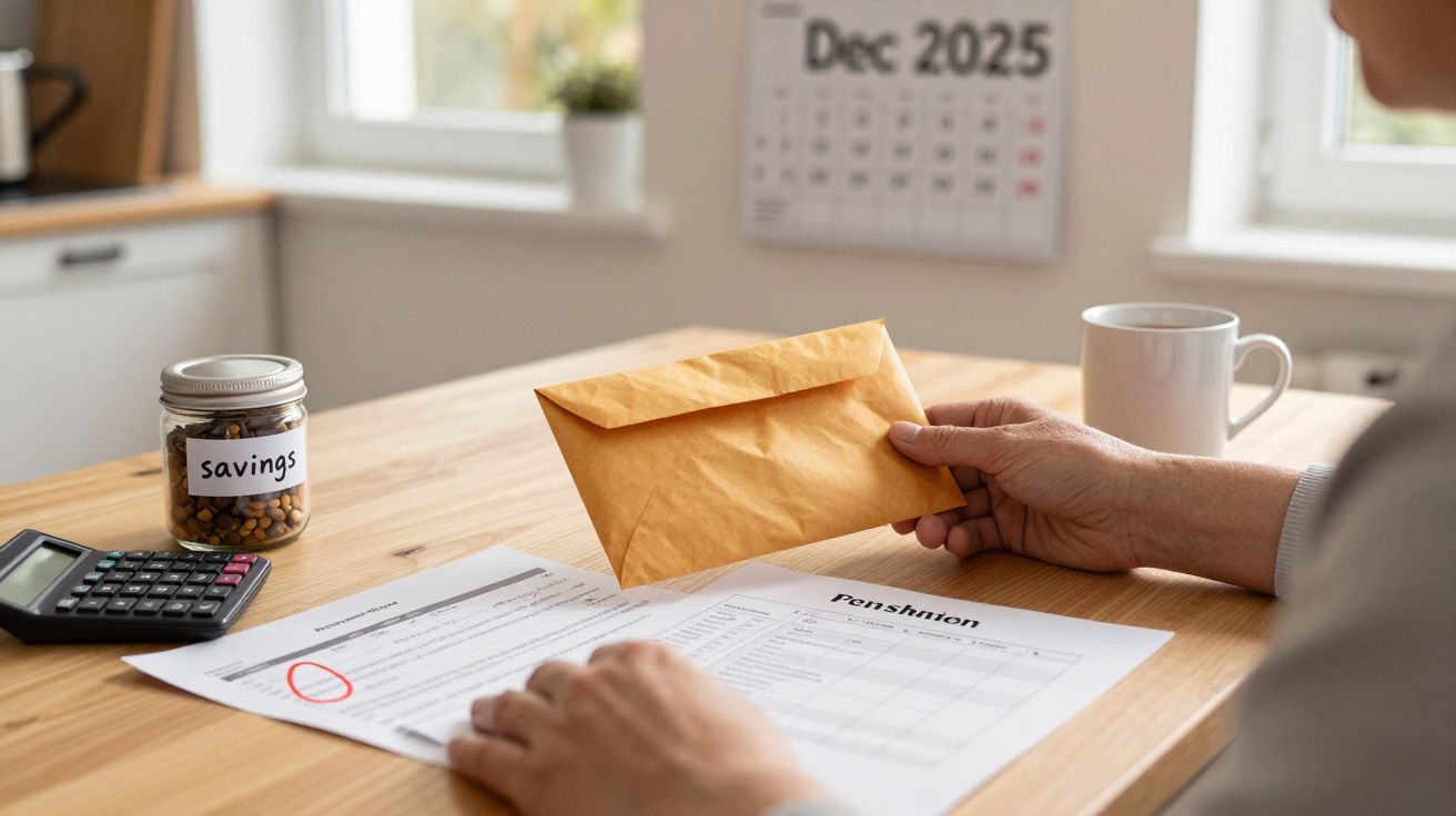 Pessoa segura envelope e analisa documentos sobre pensões, com calendário de dezembro 2025 e calculadora ao fundo.