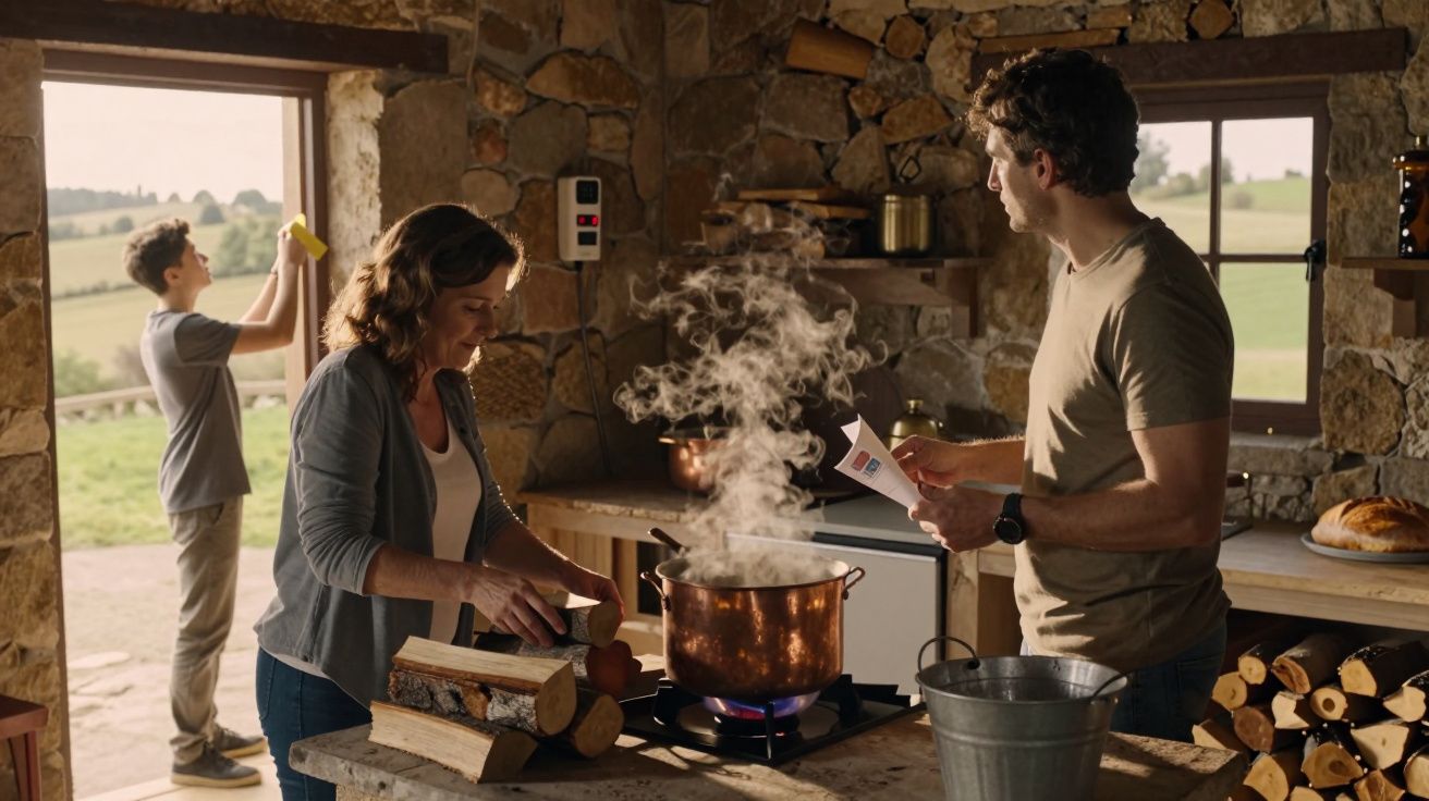 Família cozinha num fogão a lenha. Mulher mexe panela, homem lê receita e criança brinca na entrada.