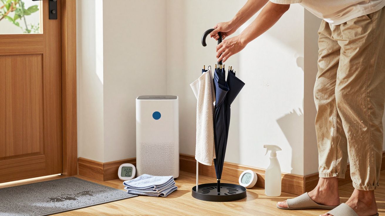 Pessoa coloca guarda-chuvas num suporte perto de um purificador de ar, termómetros, toalhas e um borrifador numa entrada.