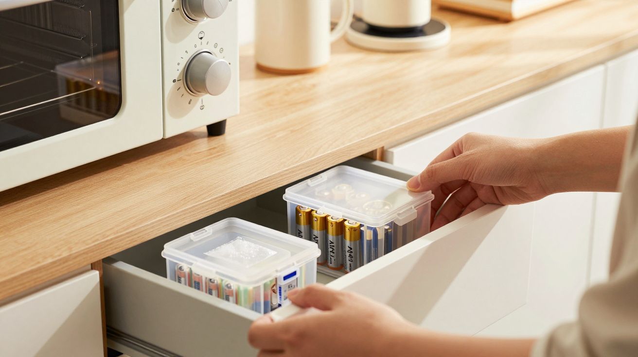 Mãos organizam baterias em caixas de plástico dentro de uma gaveta, perto de um forno de bancada.
