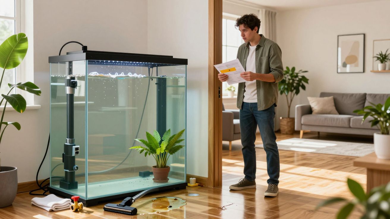 Homem lendo instruções ao lado de um aquário vazio com plantas, rodeado por poças de água no chão de madeira.