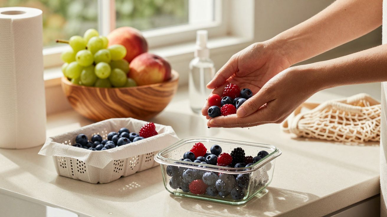 Mãos seguram frutas vermelhas e mirtilos numa cozinha, com uvas e maçãs ao fundo.