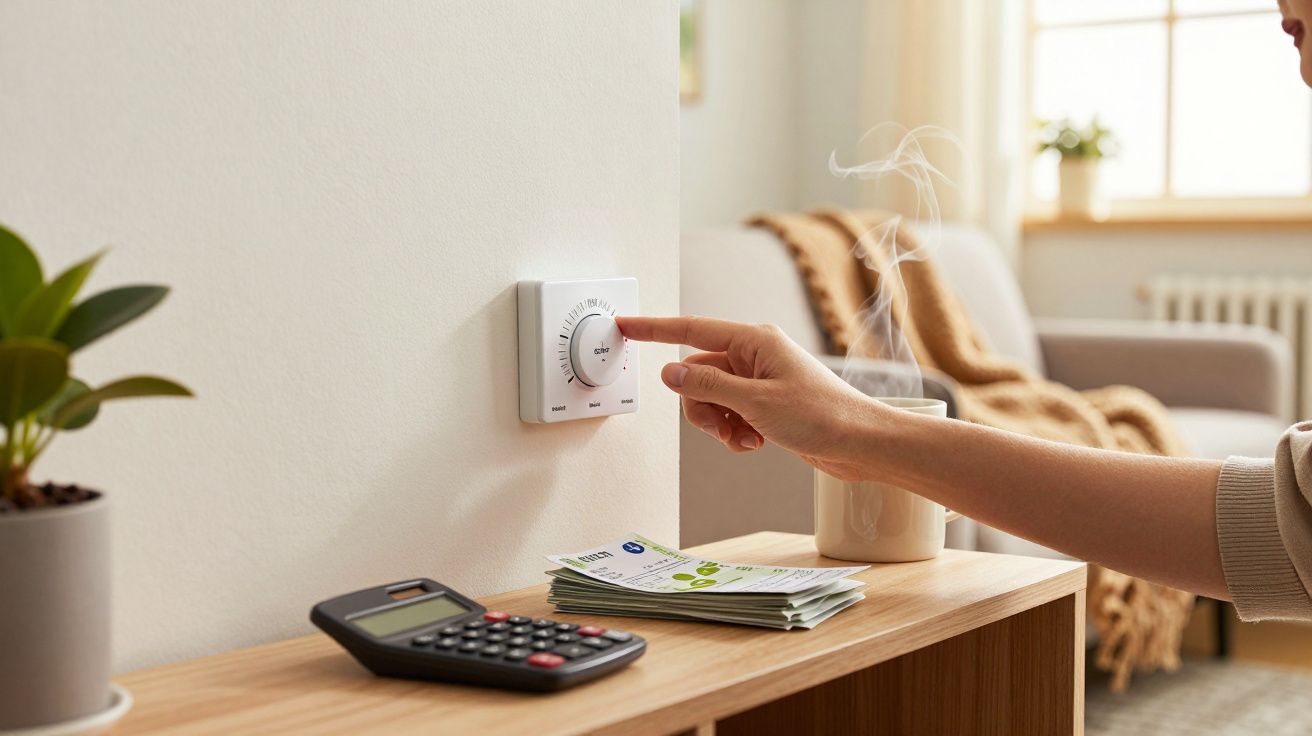 Pessoa ajusta termóstato na parede; mesa com calculadora e papéis; sala de estar ao fundo com sofá e manta.