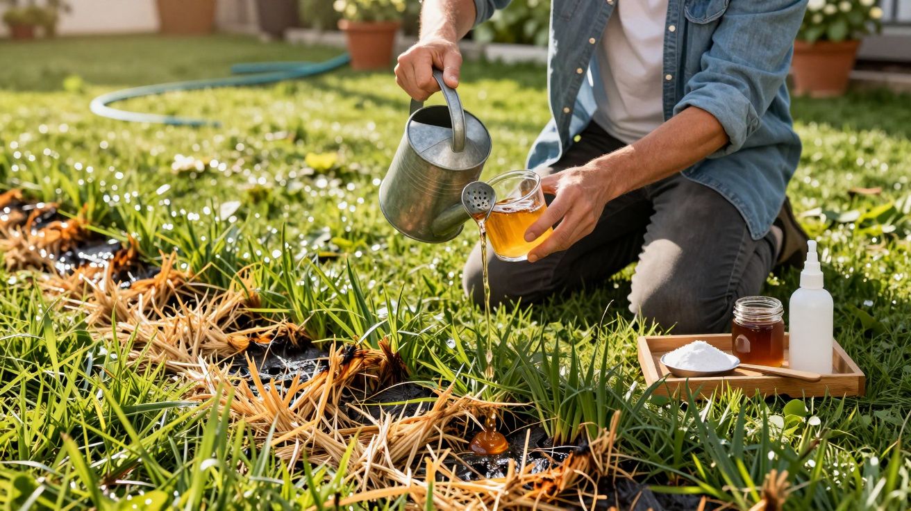 Pessoa a regar plantas amarelas num jardim com regador. Ao lado, tabuleiro com frascos e pó branco.