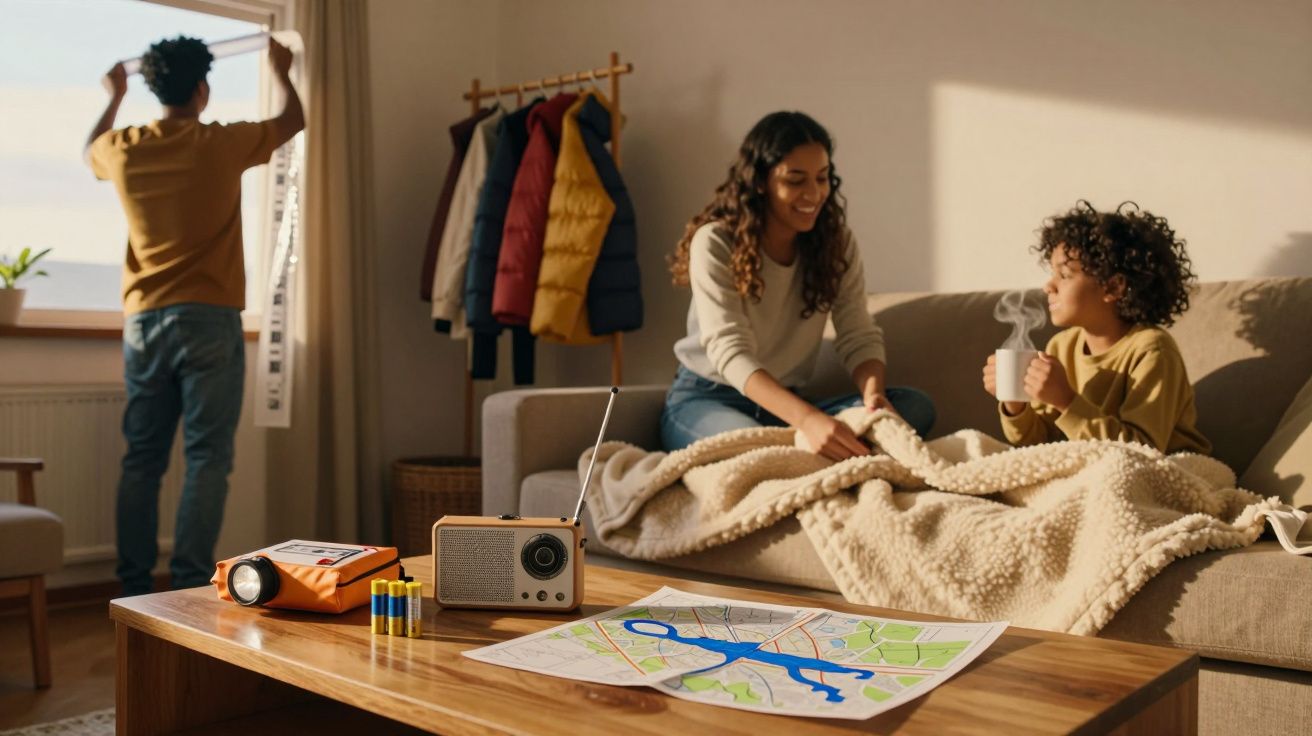 Família na sala, mulher e criança no sofá com chá, mapa e rádio na mesa, homem abre cortina.