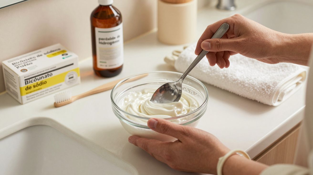 Pessoa misturando conteúdo branco em tigela de vidro com colher, ao lado de bicarbonato e peróxido, numa casa de banho.