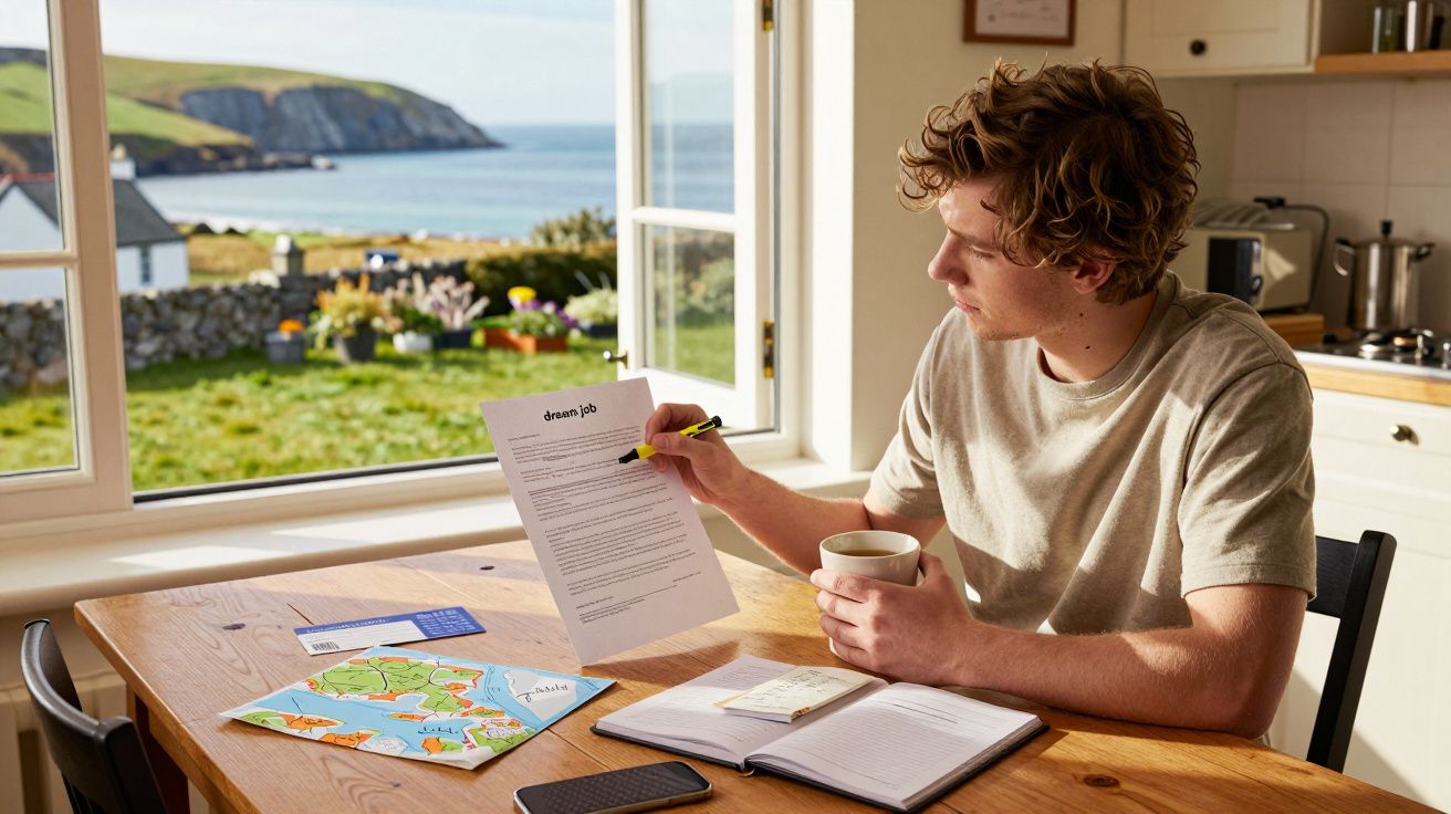 Homem sentado à mesa com café, analisando um documento, com janela aberta para paisagem costeira ao fundo.