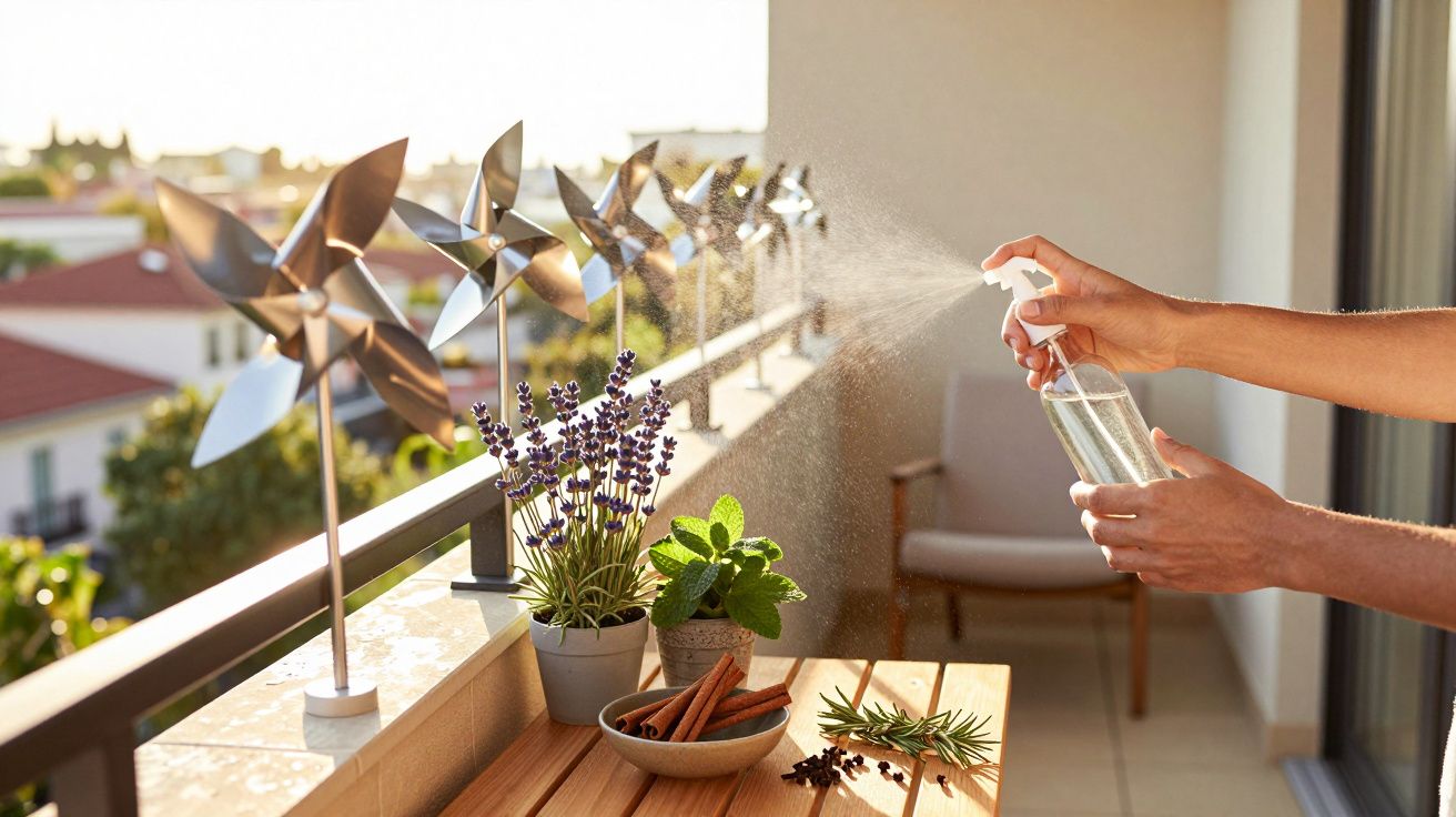Mãos regam plantas aromáticas em varanda com cata-ventos e luz do sol.