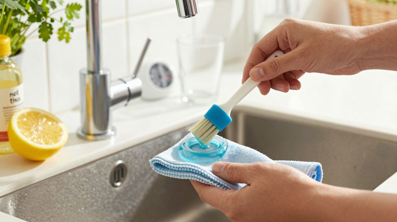 Mãos a aplicar detergente azul num pano com uma escova, próximo de uma bacia de cozinha com uma torneira.