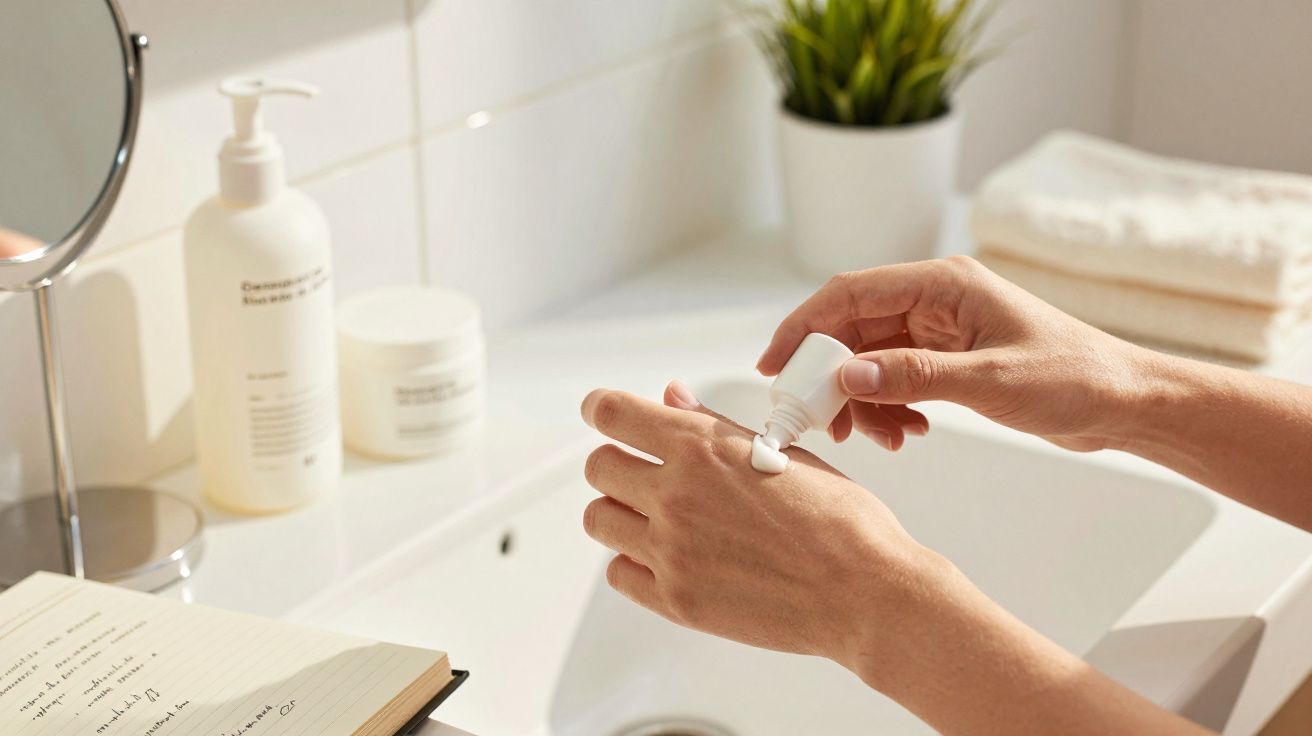 Mãos aplicando creme na pele junto a um lavatório com frasco de loção, toalhas dobradas e planta decorativa.