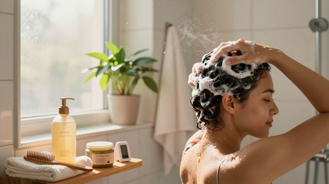 Mulher a lavar o cabelo com champô, espuma abundante. Planta e produtos num suporte à janela.