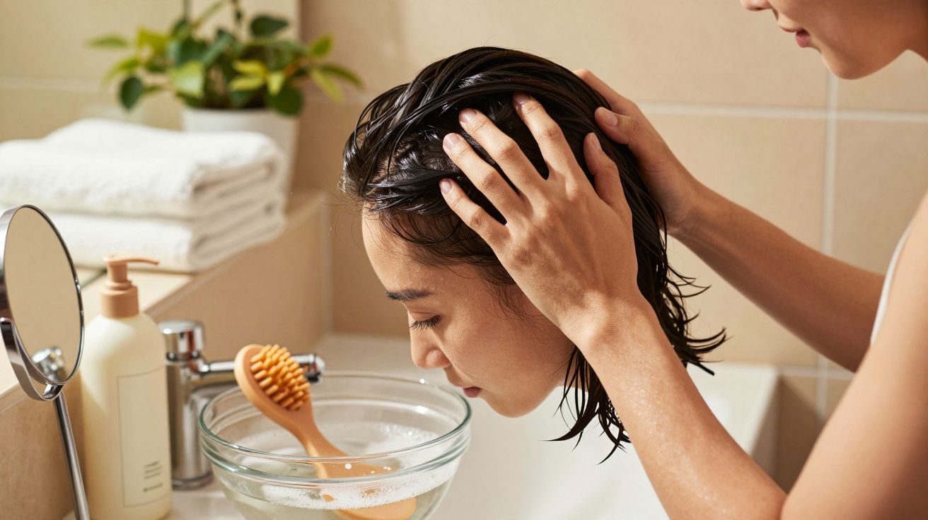 Pessoa lavando o cabelo numa bacia de água sobre a pia, com toalhas e plantas ao fundo.