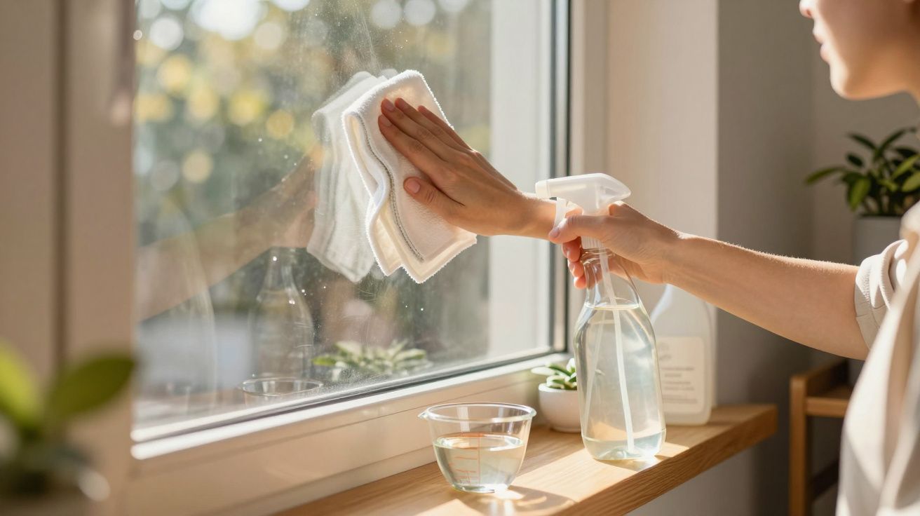 Pessoa a limpar janela com pano e spray; luz solar entra e ilumina plantas no parapeito.