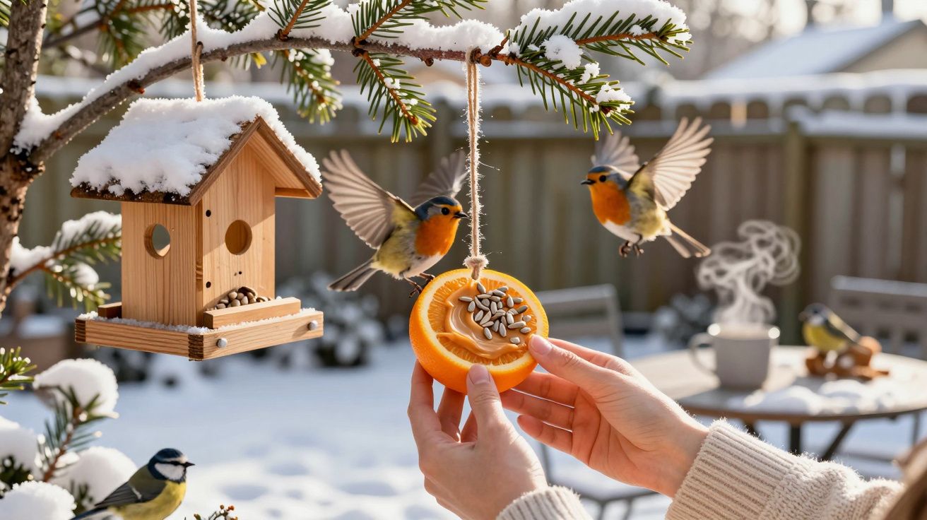 Mãos seguram laranja com sementes para pássaros em quintal nevado, ao lado de um ninho de madeira pendurado na árvore.