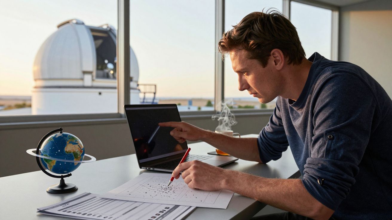 Homem analisando dados astronómicos num escritório, com telescópio ao fundo e um globo terrestre na mesa.