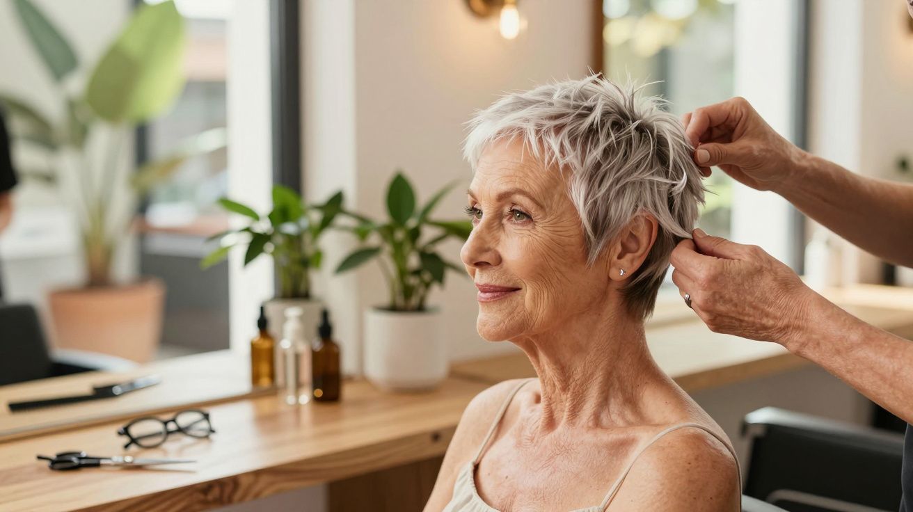 Mulher idosa sorrindo enquanto cabeleireiro ajusta cabelo curto num salão com plantas ao fundo.