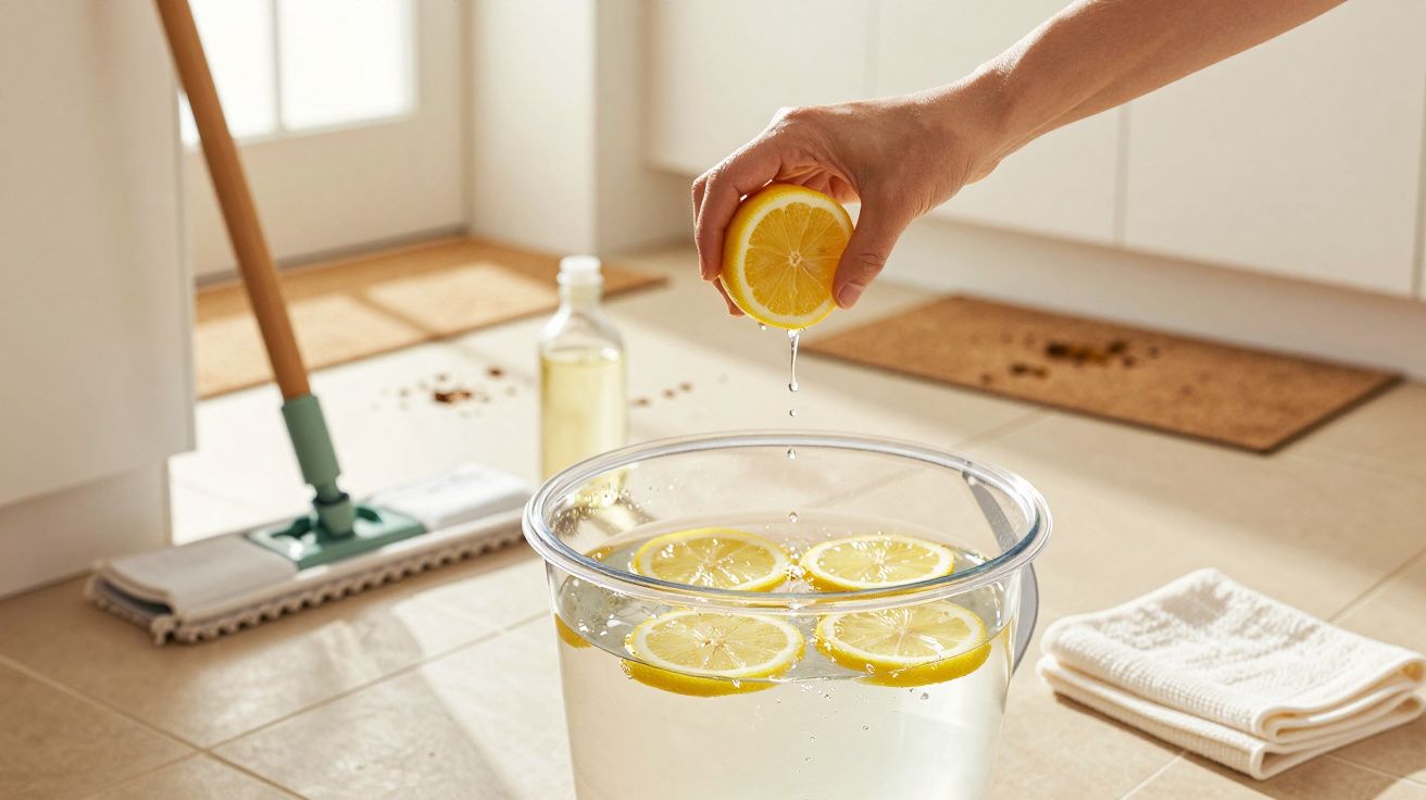 Mão a espremer limão numa taça com água e rodelas de limão, com esfregona e pano ao fundo.