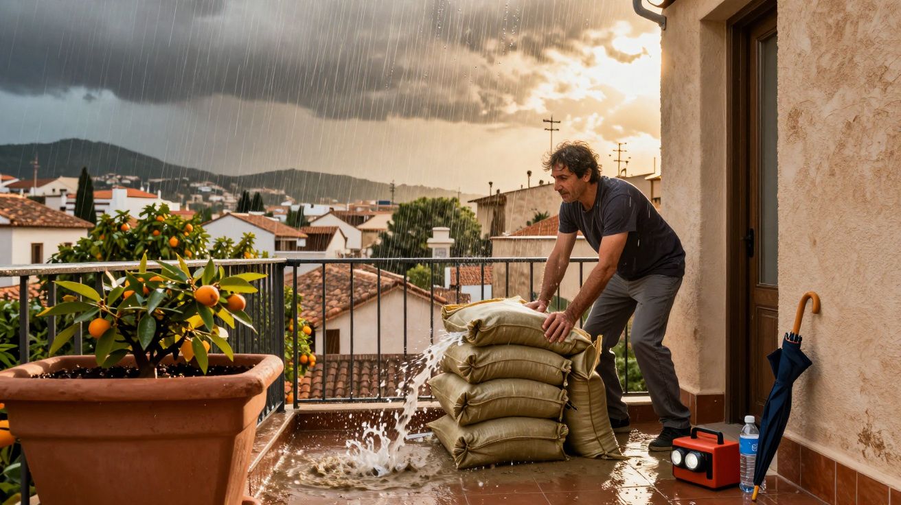Homem empilhando sacos de areia em varanda durante chuva forte, com guarda-chuva, rádio e planta ao lado.