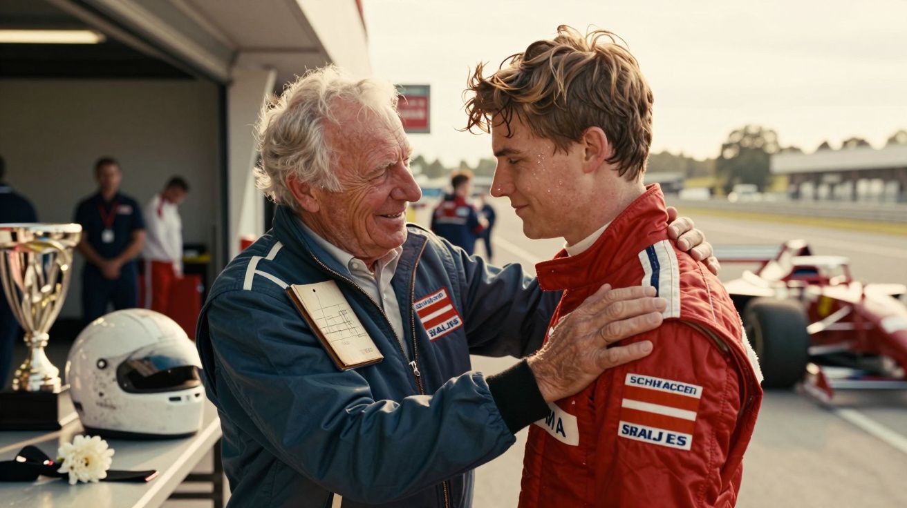 Homem mais velho parabeniza piloto de corrida em fato vermelho ao lado de uma taça e um capacete.