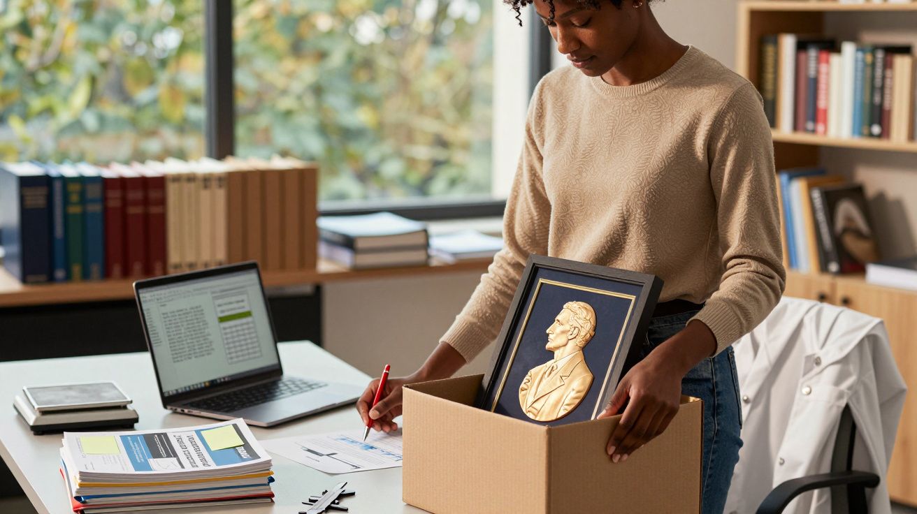 Mulher arruma uma moldura dourada numa caixa numa sala de escritório com materiais de trabalho espalhados na mesa.