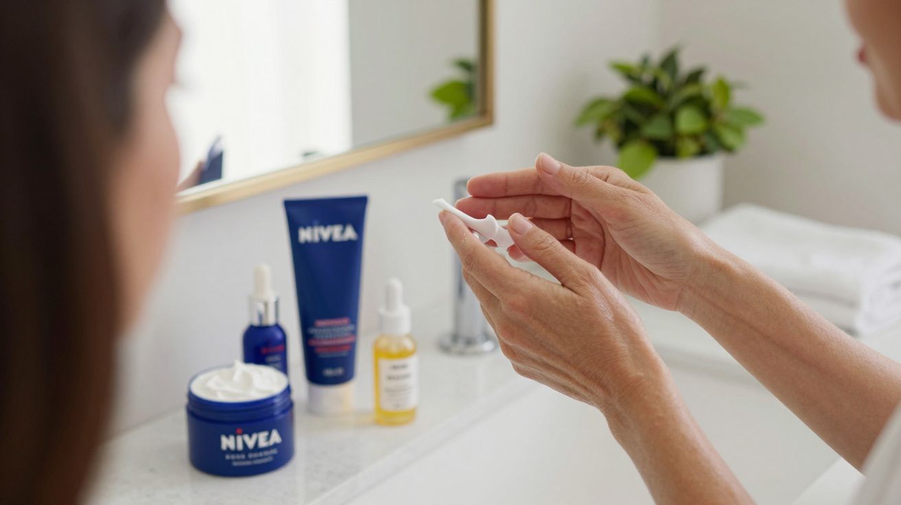 Mãos aplicam creme facial Nivea numa casa de banho, com produtos de cuidados de pele no lavatório.