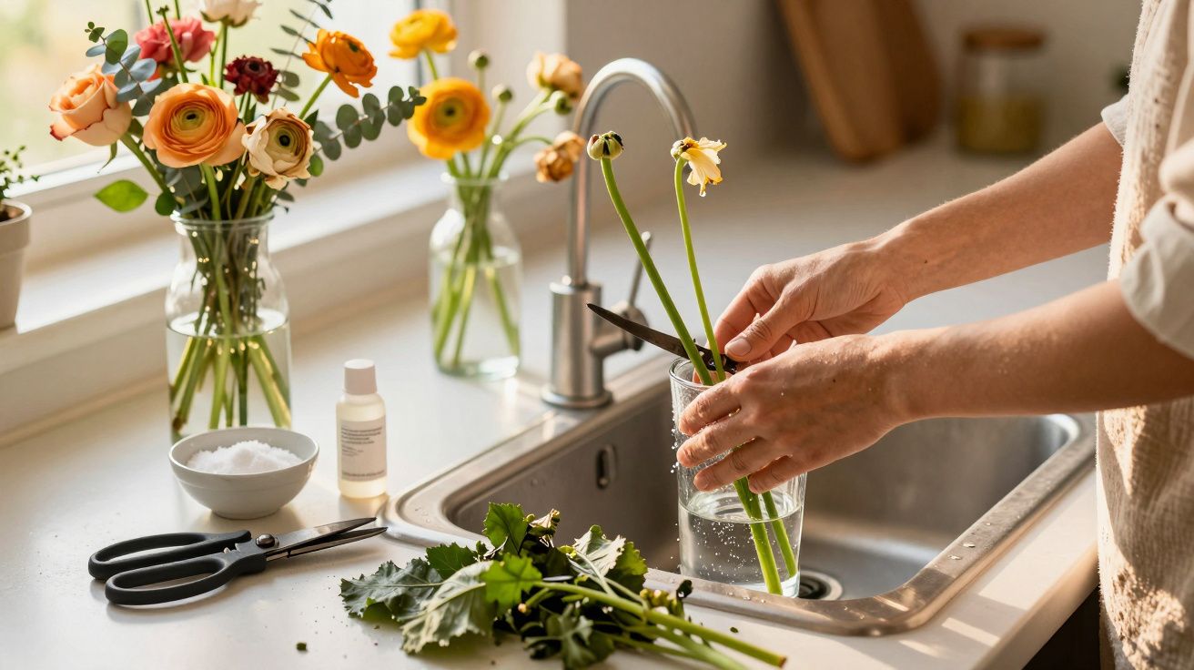 Pessoa corta flores na cozinha, perto de lavatório, com jarros cheios de flores ao fundo.