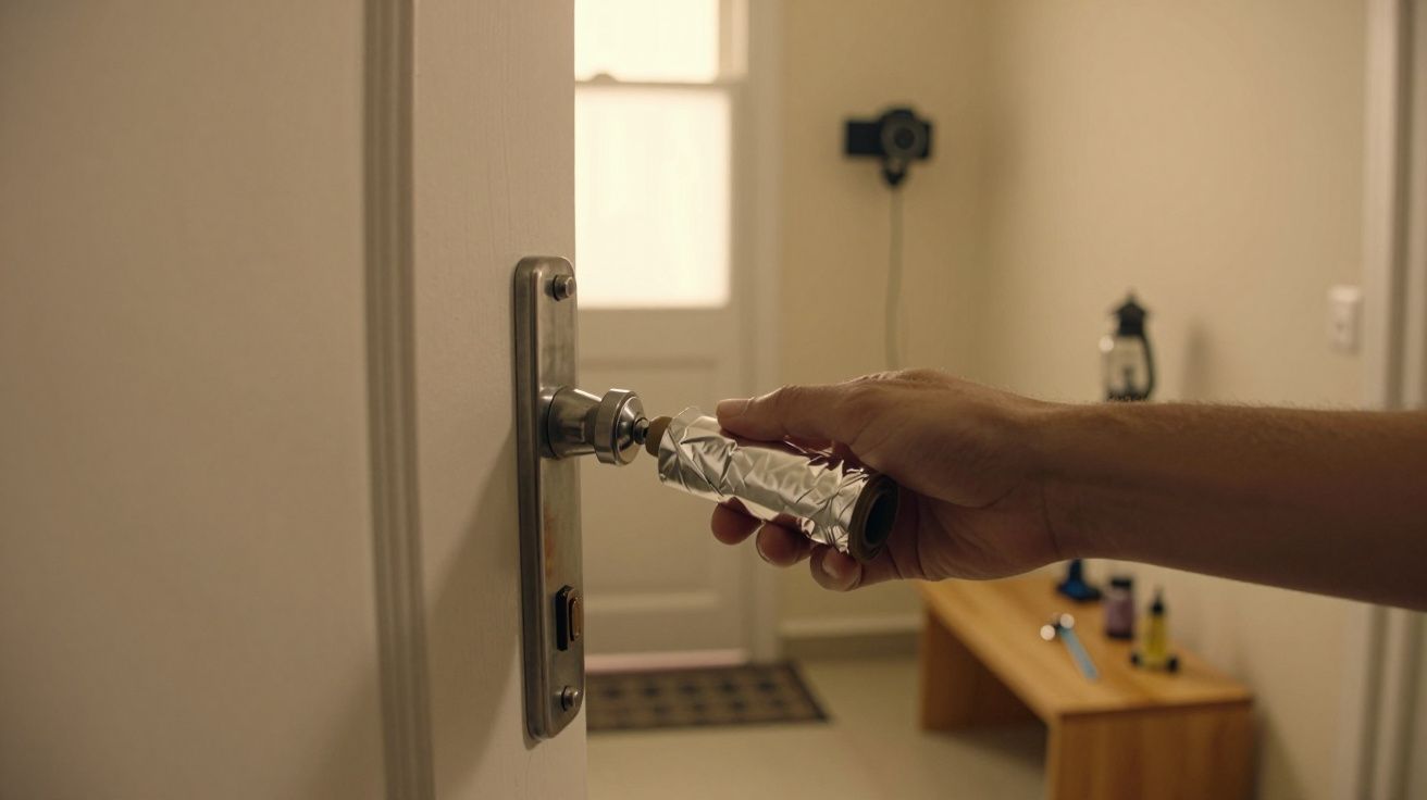 Mão segurando maçaneta coberta com papel alumínio, abrindo porta numa sala com banco e objetos ao fundo.