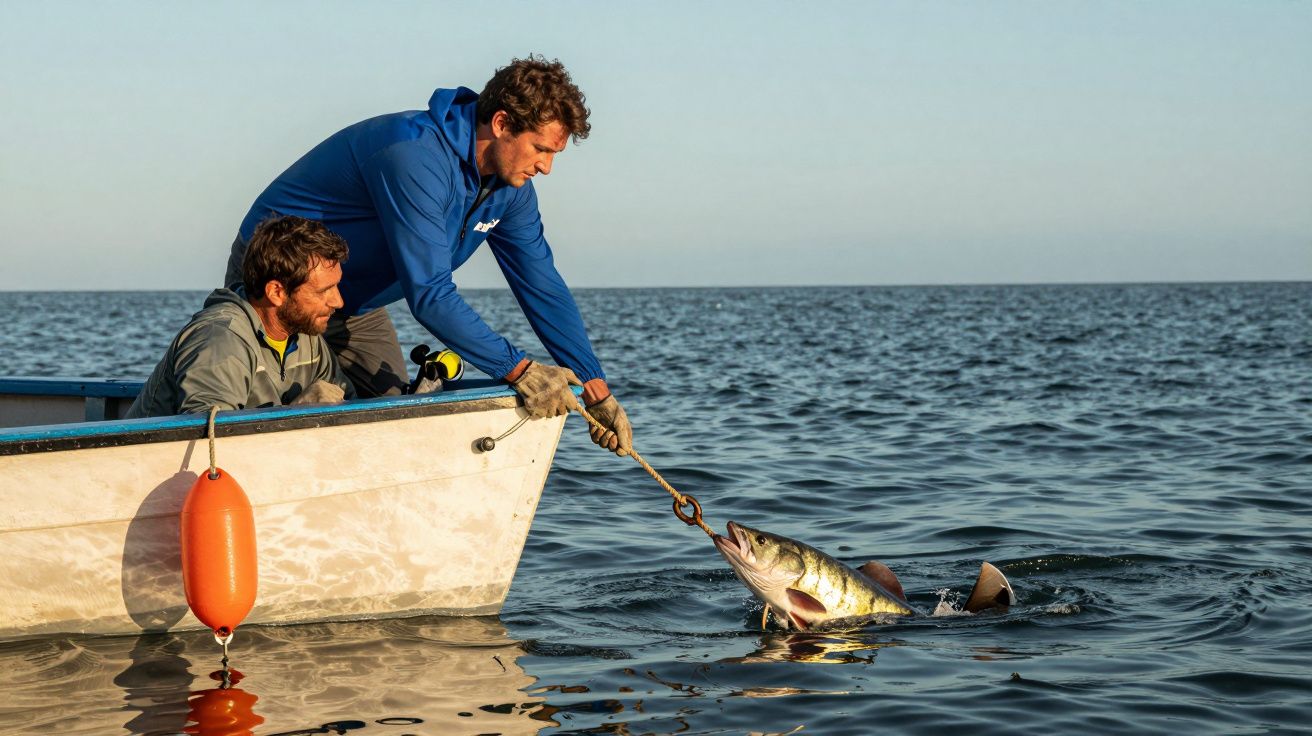 Dois homens num barco pequeno puxam um peixe grande para fora da água com uma ferramenta num mar calmo.