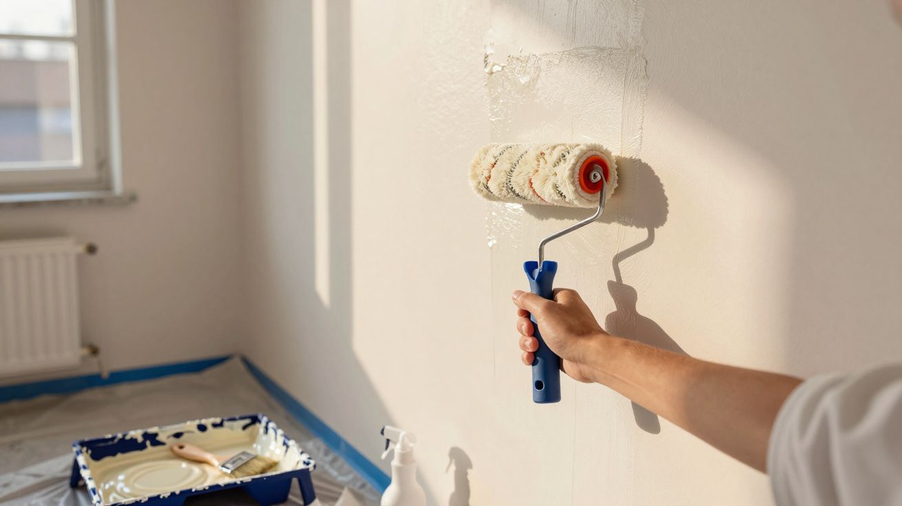 Pessoa a pintar parede de branco com um rolo, em quarto iluminado pelo sol, bandeja de tinta no chão.