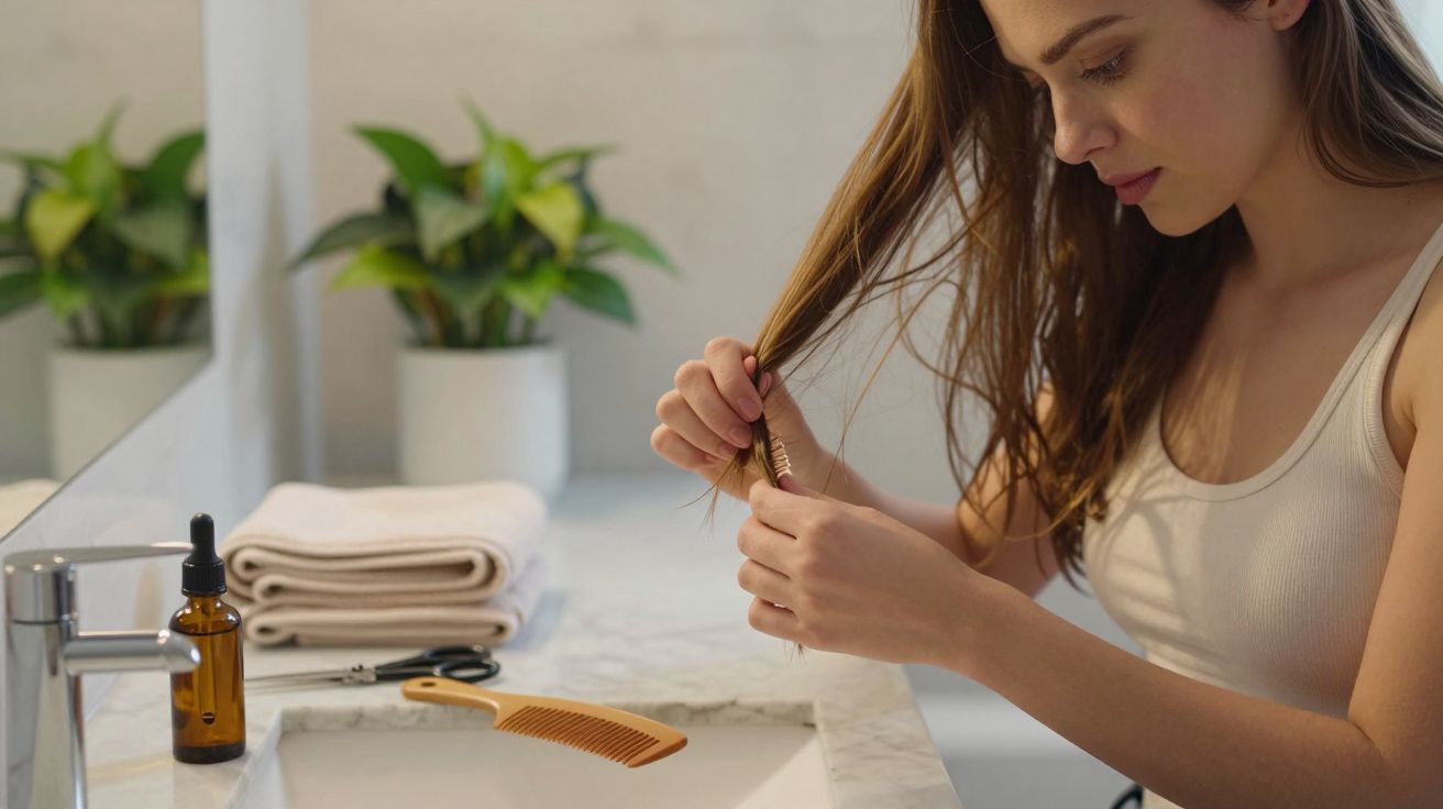 Mulher penteia o cabelo na casa de banho, com toalhas, garrafa de óleo, tesoura e pente na bancada ao lado.